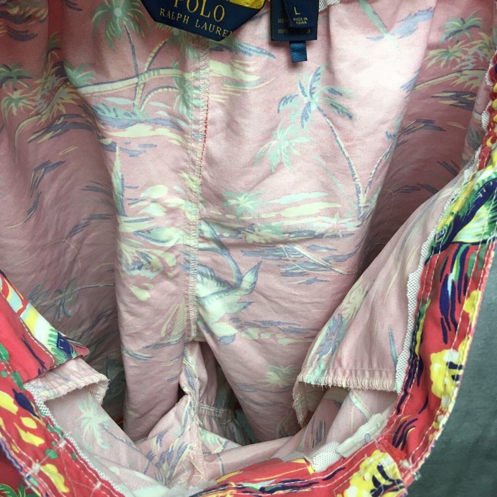 Polo‎ Mens Swim Trunks Shorts size L Pink Beach Print Palms Pockets Cut Liner - Picture 9 of 12